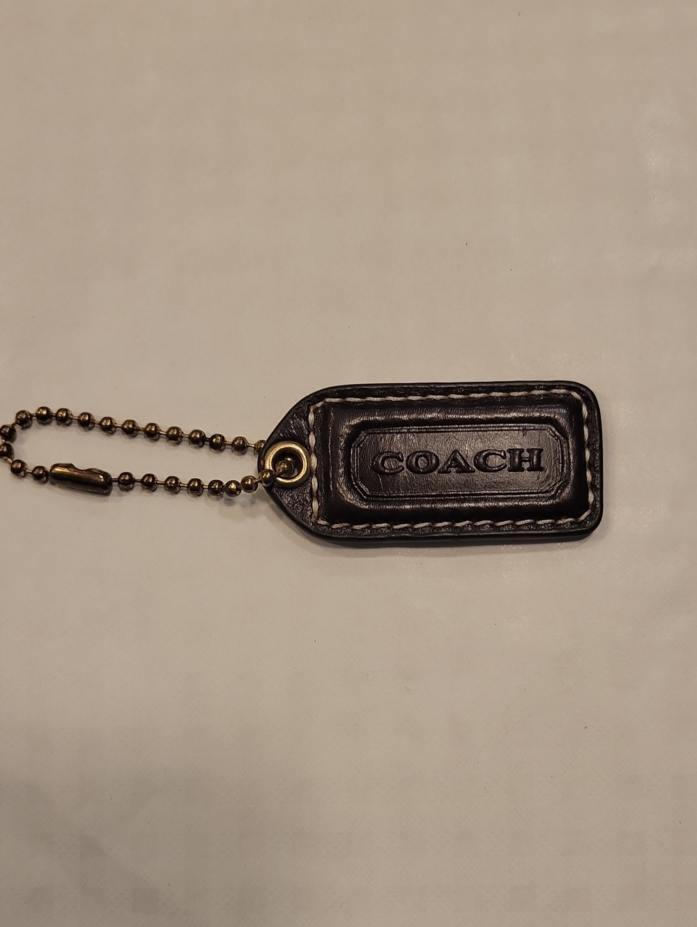 Coach Dark Brown Leather Logo Key Tag with Brass Chain, Accessory Y2k,late 90s